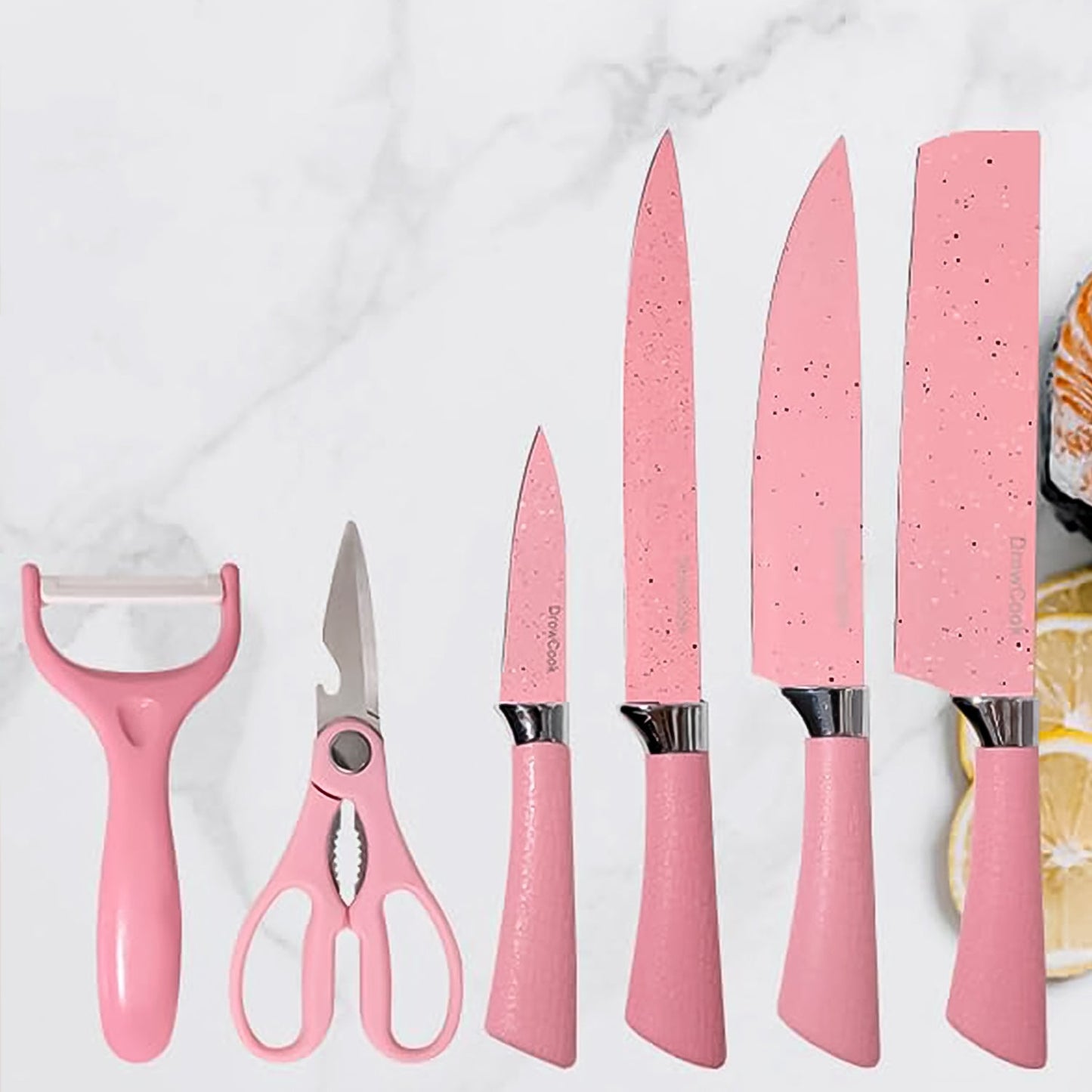 Stainless Steel Non Stick Ceramic Coating 6 Pcs Chef Kitchen Knife Set With Scissor  Peeler Wukusy