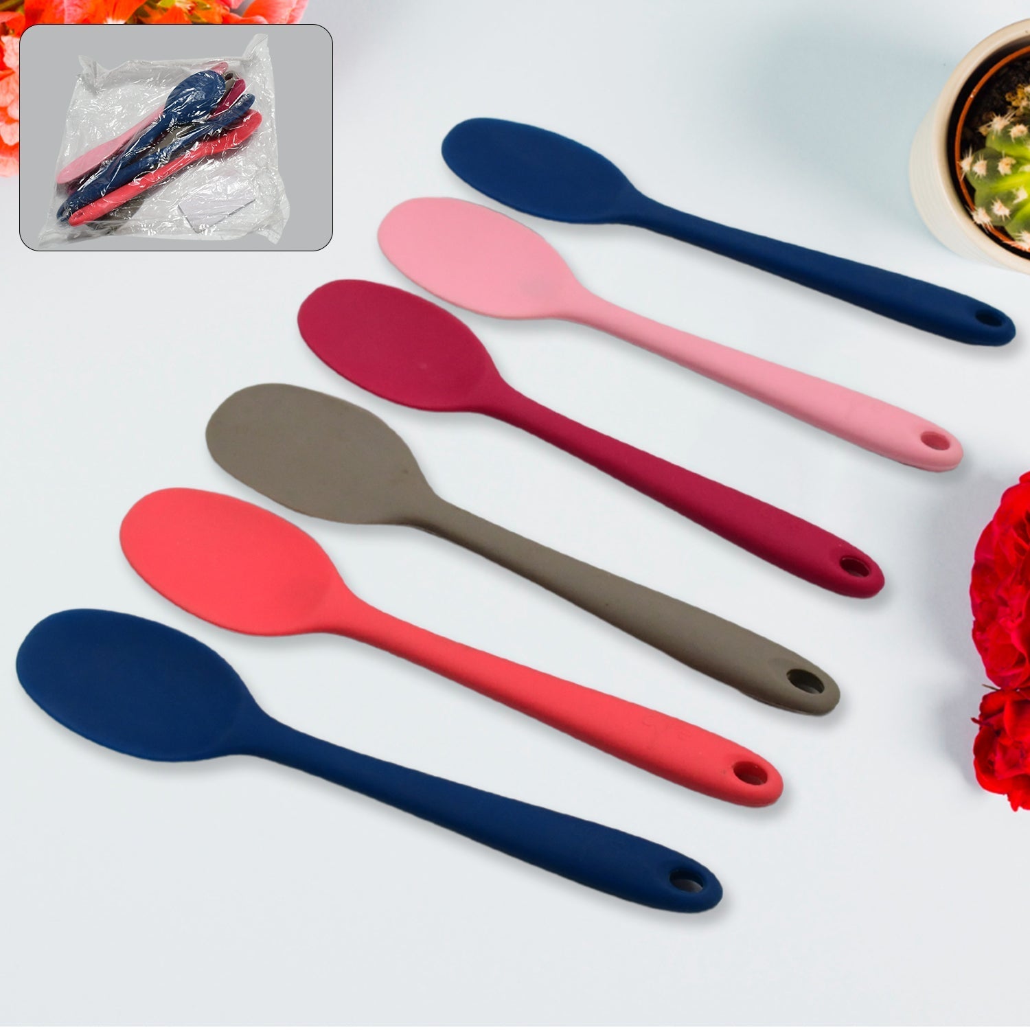 Multipurpose Silicone Spoon, Silicone Basting Spoon Non-Stick Kitchen Utensils Household Gadgets Heat-Resistant Non Stick Spoons Kitchen Cookware Items For Cooking and Baking (6 Pcs Set) Your Brand